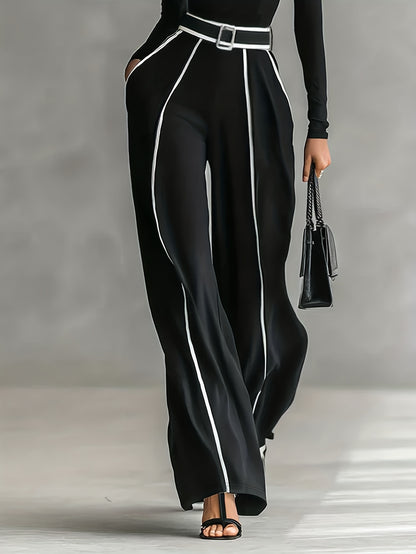 Women's Two-Piece Set: High-Neck Long-Sleeve Top with Contrast Straight-Leg Pants Featuring Pockets and Belt, Elegant and Versatile Design for Autumn/Winter Commuting