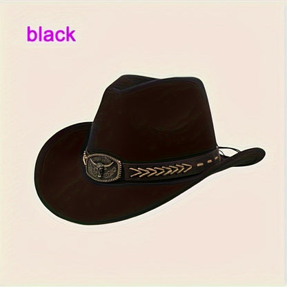3pcs Unisex Western Cowboy Hats - Wide Brim Sun Protection, Metal Bull Head Buckle & Braided Faux Belt, Vintage Style for Outdoor Riding, Hiking, Rodeo (Black/Brown/White) | Classic Cowboy Style | Faux Fabric