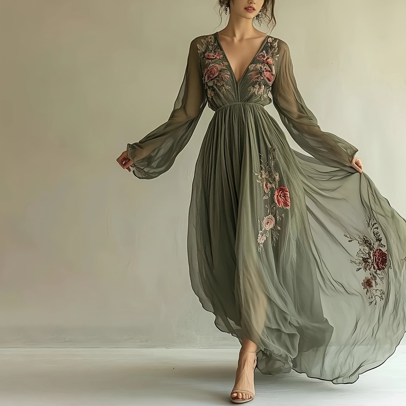 A Romantic Dress Featuring a Long Skirt with a Mesh Print in a Stylish And Elegant Bohemian Design.