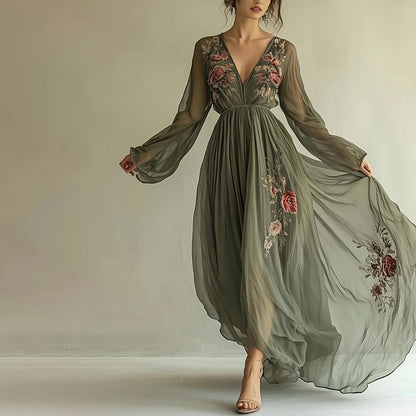 A Romantic Dress Featuring a Long Skirt with a Mesh Print in a Stylish And Elegant Bohemian Design.