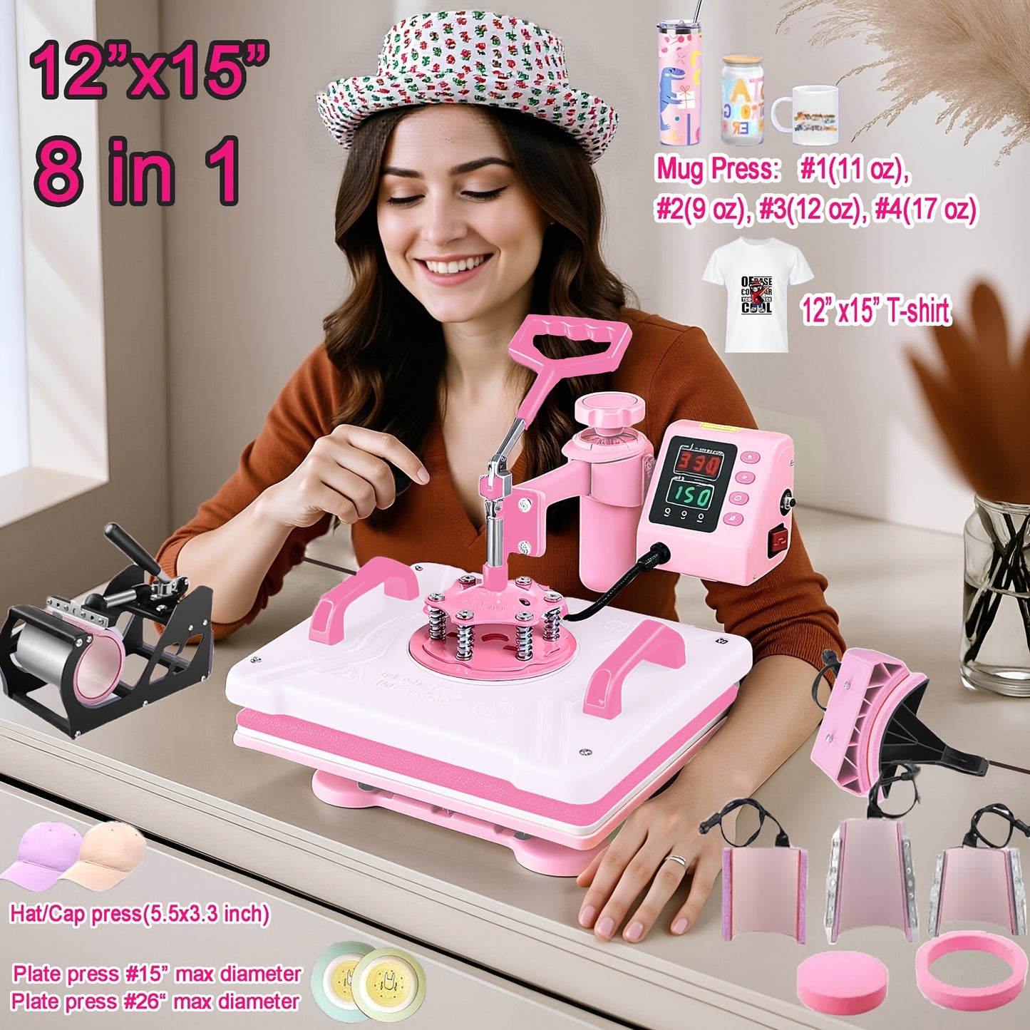 15x15 Inch 5-in-1 Set Heat Press Machine for Everything Transfers, Swing Away Press Machine for T Shirt, Bags, Pillows, Plates(6" And 8"), Tumblers, Mugs, Cups, Hats And Caps(5.5"x3") - Hat Heat Press - 3in 1 Can Only Press H