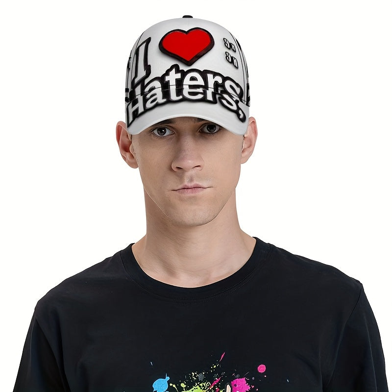 1pc I Love Haters Bold Text Print Baseball Cap | Lightweight Duckbill Hat with Adjustable Strap, Red Accent Design, Comfortable Fit for Men & Women, Casual Headwear | Trendy Duckbill Hat | Durable Headgear