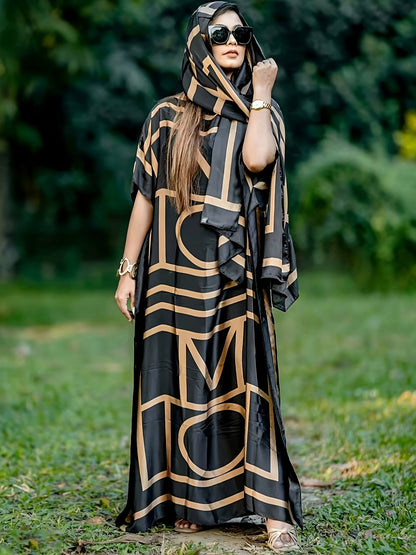 Plus Size - Elegant Black And Golden Geometric Letter Print Kaftan Dress - Comes with a Matching Headpiece | Ideal for Chic Everyday Outfits And Fashion Occasions