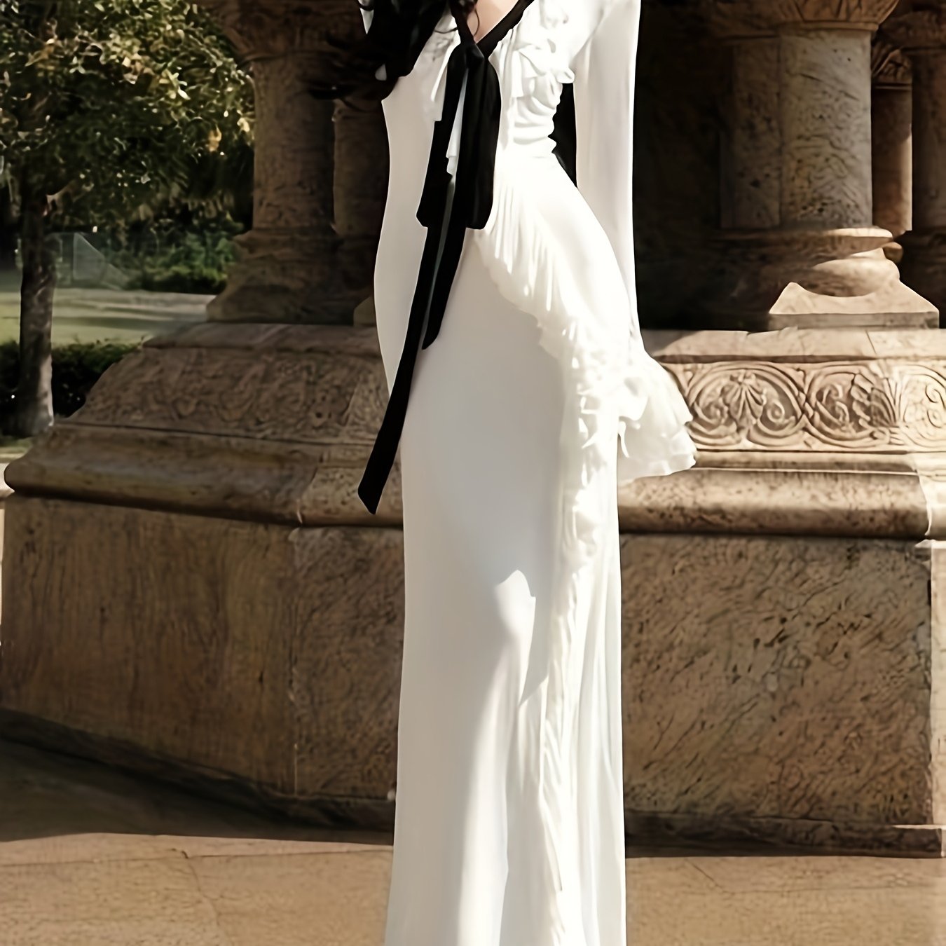 Women's Elegant White Slim-Fit High-Waisted Long Sleeve Mermaid Dress with Sheer Panel & Slit - All-Season Formal Wedding Guest Party Dress, Machine Washable Ice-Skating Style Gown