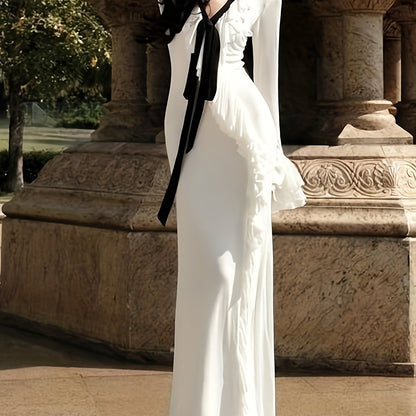 Women's Elegant White Slim-Fit High-Waisted Long Sleeve Mermaid Dress with Sheer Panel & Slit - All-Season Formal Wedding Guest Party Dress, Machine Washable Ice-Skating Style Gown