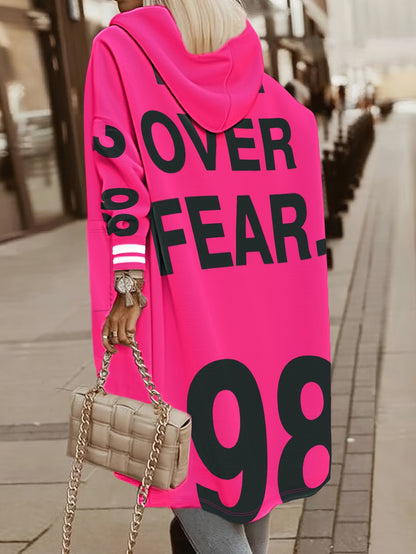 Women's Winter Hooded Jacket with 'LOVE' Lettering & -1 Zippered Coat, Striped Cuff & Pocket Design, Casual Warm Outerwear for Fall/Winter, (Machine Washable) - Everyday Outer Layer, Sweater-like Blazer Style