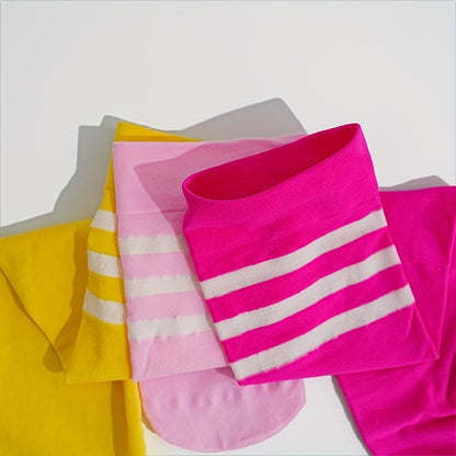 Five Pairs of Thin Velvet Over-the-knee Socks in Rose Red, Pink, Bright Yellow, Solid Colors, and Stripes. Smooth Nylon, Comfortable and Cute. Suitable for Students, Dance, Skating, and Other Activities, for Teenager