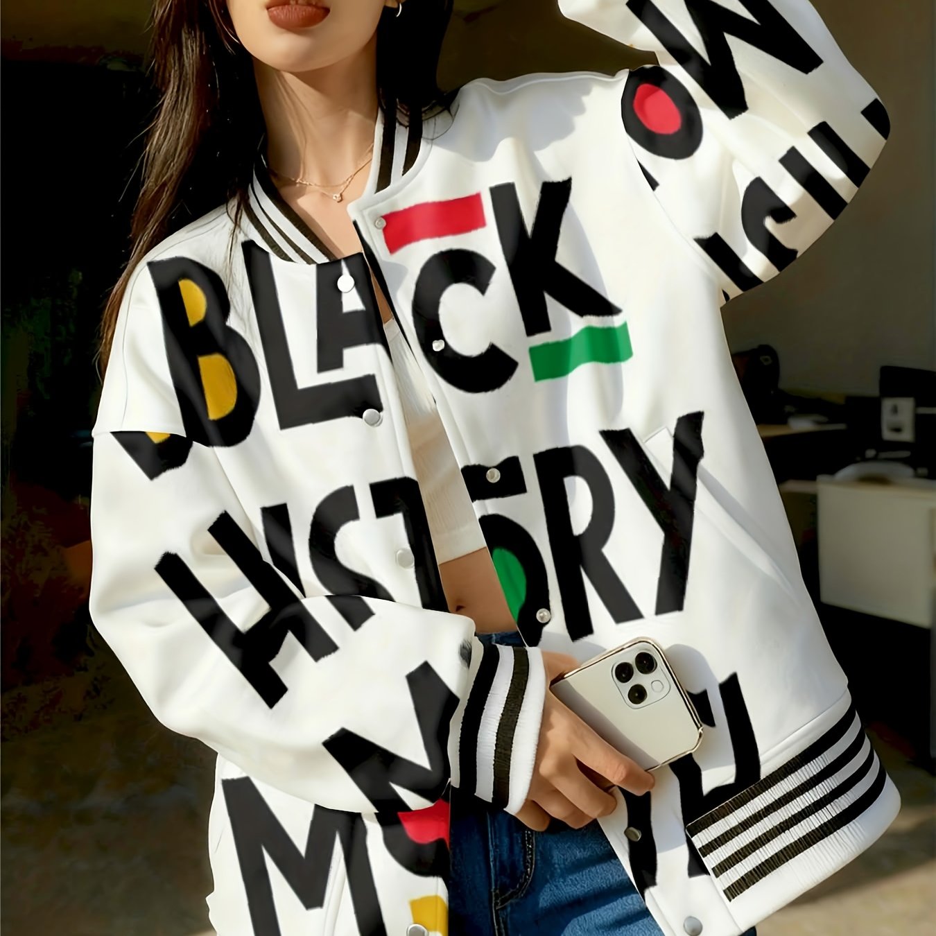 Women Baseball Jacket Black History Month Print | Full Print Streetwear Casual Outfit Fashion Statement Coat for Daily Wear and Events, Crew Neck, Regular Sleeve, Geometric-pattern, Slight Stretch Fabric
