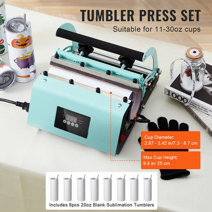 VEVOR Tumbler Heat Press Machine and Sublimation Tumblers, Tumbler Press Set with 8pcs 20OZ Blank Tumblers, Mug Press Cup Press for 11-30oz Tumblers Mug, with Heat Transfer Paper, Gloves, Tape