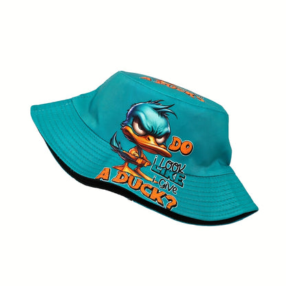 [Machine Washable] Funny Duck Bucket Hat with "DO I LOOK LIKE A DUCK?" Text - Turquoise & Orange Accent Streetwear Hat for Men & Women, Machine Washable Outdoor, Bold Statement Costume Accessory or Everyday Casual Cap, Outdoo