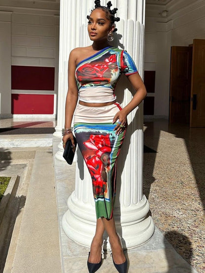 ARTPAGE Summer Fashion Print Sexy Off-Shoulder One-Shoulder Sleeve Hip Wrap Skirt Two-Piece Set Women'S Dress