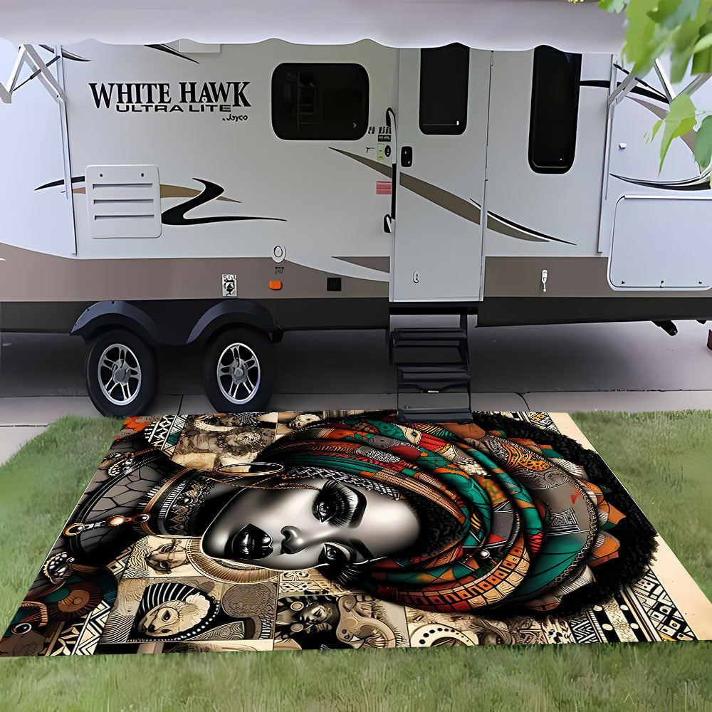 African-Inspired Tribal Art RV Camping Mat with Ethnic Headwrap Design - Durable Indoor/Outdoor Rug for Camping, Picnics, Living Room & Bedroom Decor, Camping Decorations