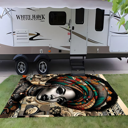 African-Inspired Tribal Art RV Camping Mat with Ethnic Headwrap Design - Durable Indoor/Outdoor Rug for Camping, Picnics, Living Room & Bedroom Decor, Camping Decorations