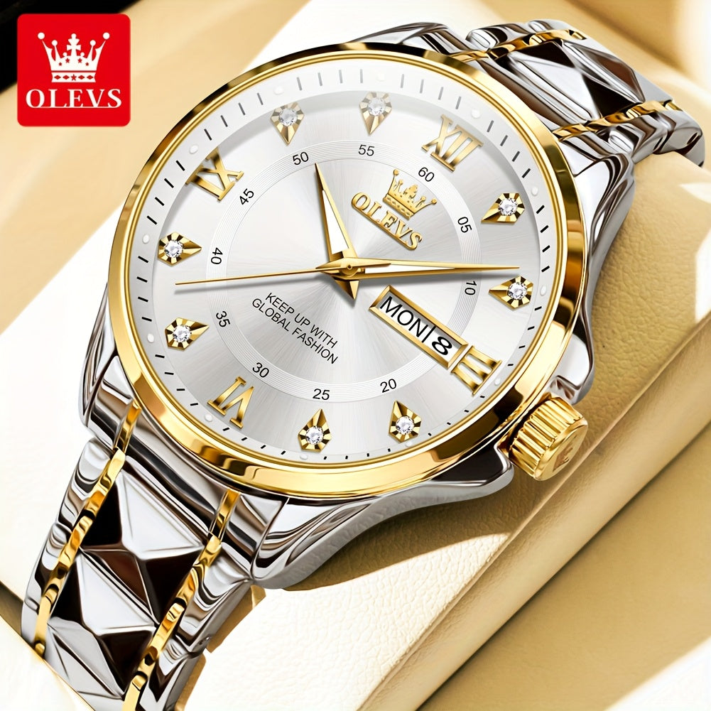 OLEVS Men's Luxury Business Chronograph Watch - Stainless Steel Dual Date & Day Calendar, Luminous Hands, Quartz Movement, Black Dial with Golden Accents for Formal & Casual Wear, Professional Timepiece, Sophisticated Style,