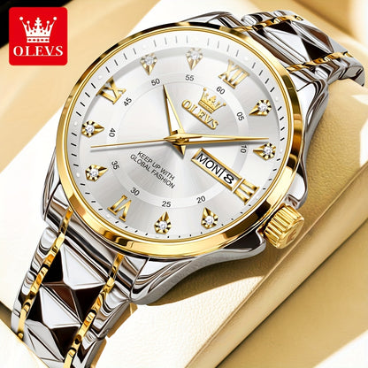 OLEVS Men's Luxury Business Chronograph Watch - Stainless Steel Dual Date & Day Calendar, Luminous Hands, Quartz Movement, Black Dial with Golden Accents for Formal & Casual Wear, Professional Timepiece, Sophisticated Style,