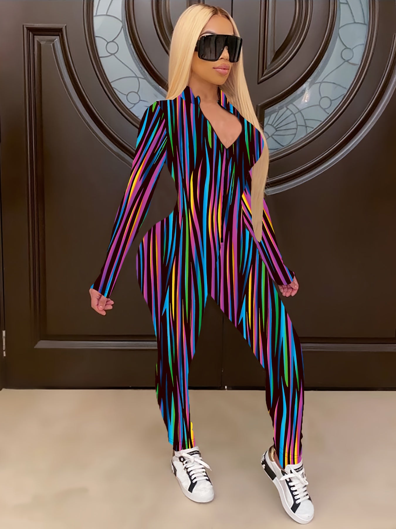 [Fashion Jumpsuit] Women's Fashion Striped Print Bodysuit, swear, Jumpsuit