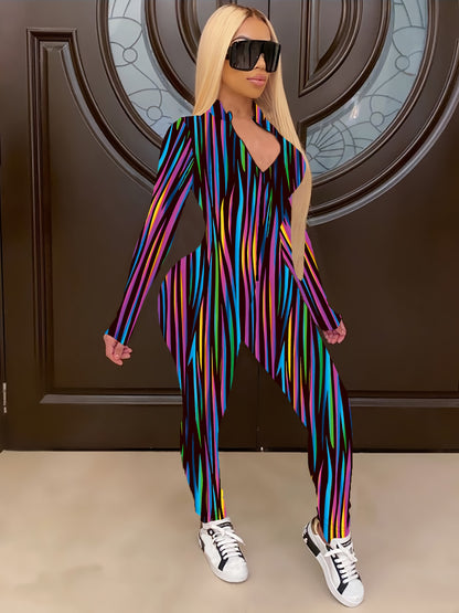 [Fashion Jumpsuit] Women's Fashion Striped Print Bodysuit, swear, Jumpsuit