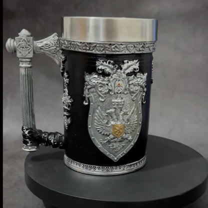 Stainless Steel Resin Relief Cup - Medieval Beer Mug, 1pc, 20.29oz - Vintage German Creative Large Tankard - Non-Slip, Reusable, Multi-Purpose - for Home, Kitchen, Bar, Christmas, Halloween Gift