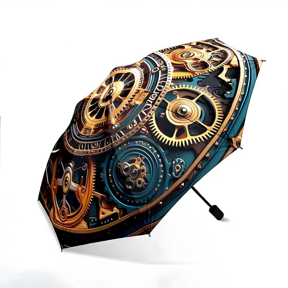 Steampunk Automatic Folding Umbrella with Gears & Clockwork Mechanism - 8-Rib Durable Iron Frame, Portable Collapsible Design, 210T Pongee Canopy, Casual Outdoor Accessory For Christmas, Birthday Gifts, Steampunk Umbrella, Fe