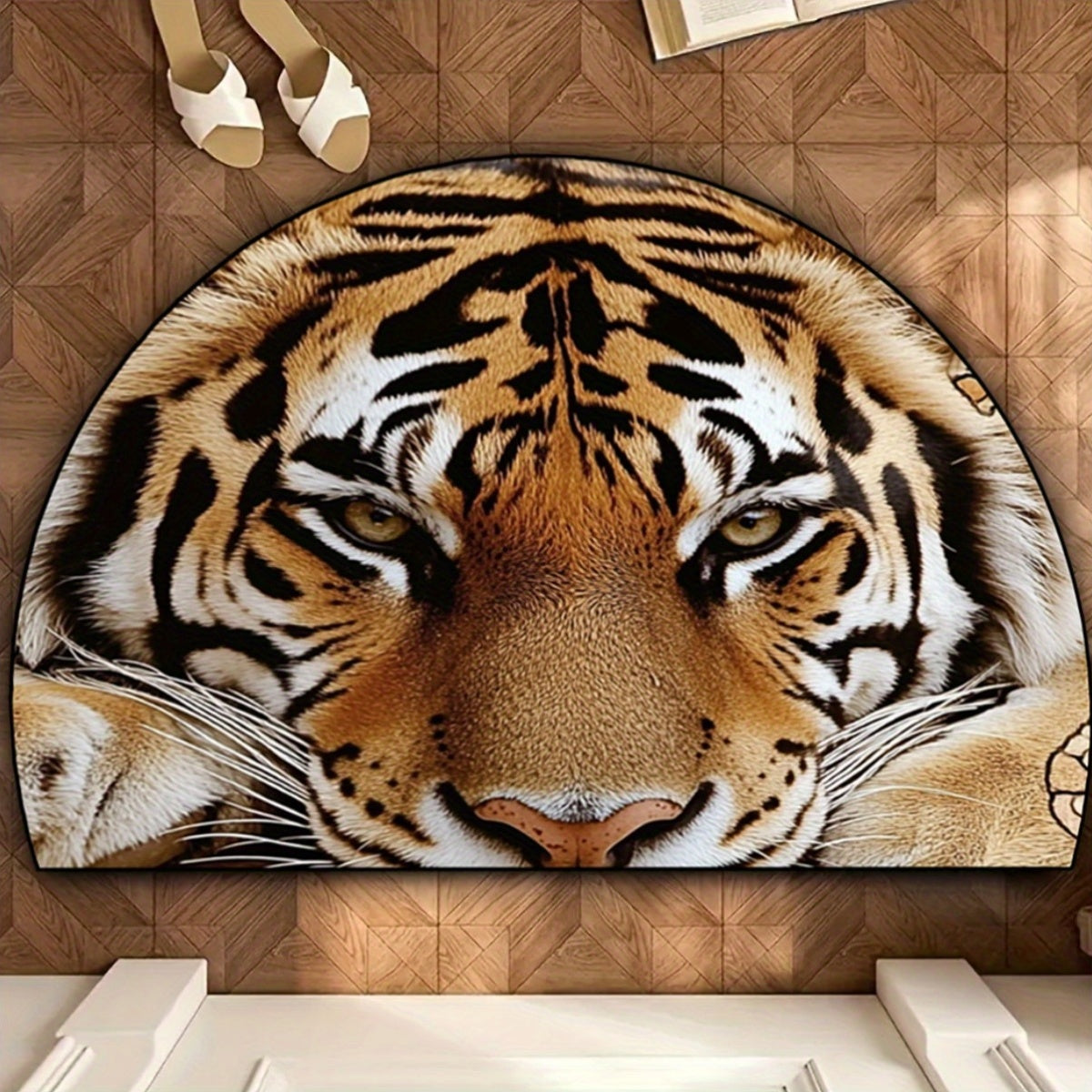 1pc Realistic Tiger Face Semi-Circle Door Mat - Non-Slip Backing, Hand Washable 100% Indoor Entry Mat for Bathroom, Living Room, Bedroom, Entryway - Reusable Semi-Circular Floor