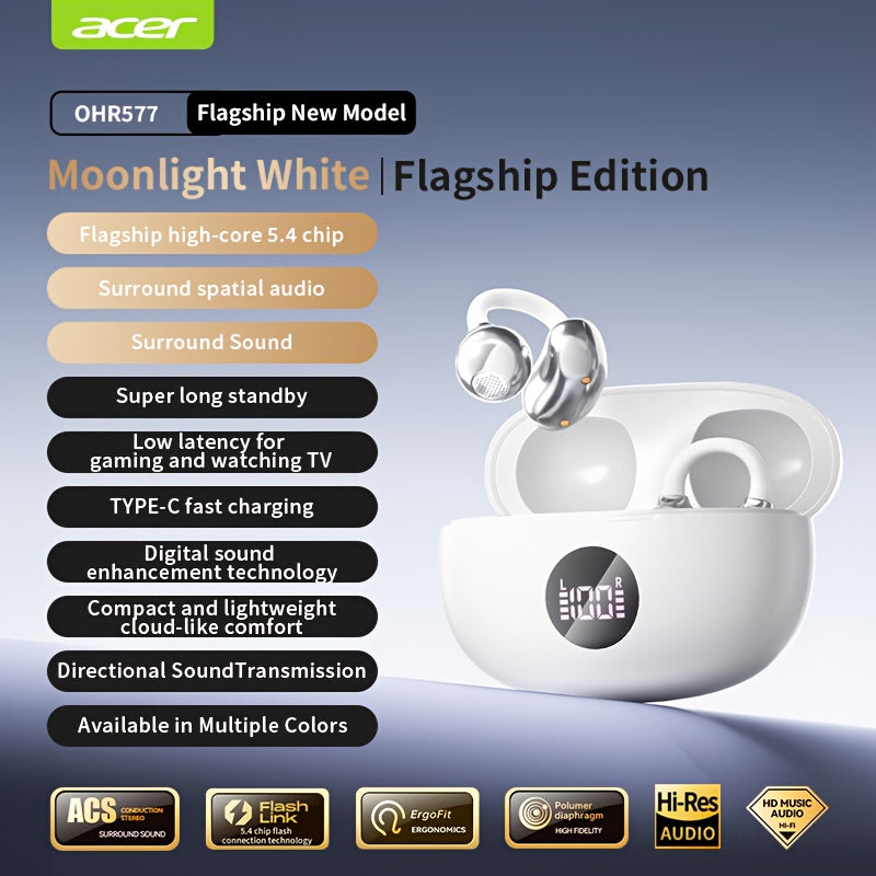 Acer 2025 new model back-to-school season TWS Wireless Headset Heavy Bass Stereo + Talking Noise Cancellation Ultra Long Lasting Sports Running hanging ear Low Latency Gaming Mode HIFI Audio Lightweight Touch Design Stylish D