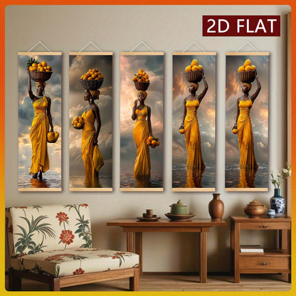 5pcs African Woman Wall Art Set - Bohemian Wood Framed Vertical Panel Paintings with Traditional Dress, Headwrap & Basket - Cultural Canvas Decor for Living Room, Bedroom, Cafe - Hook Installation ( Use)