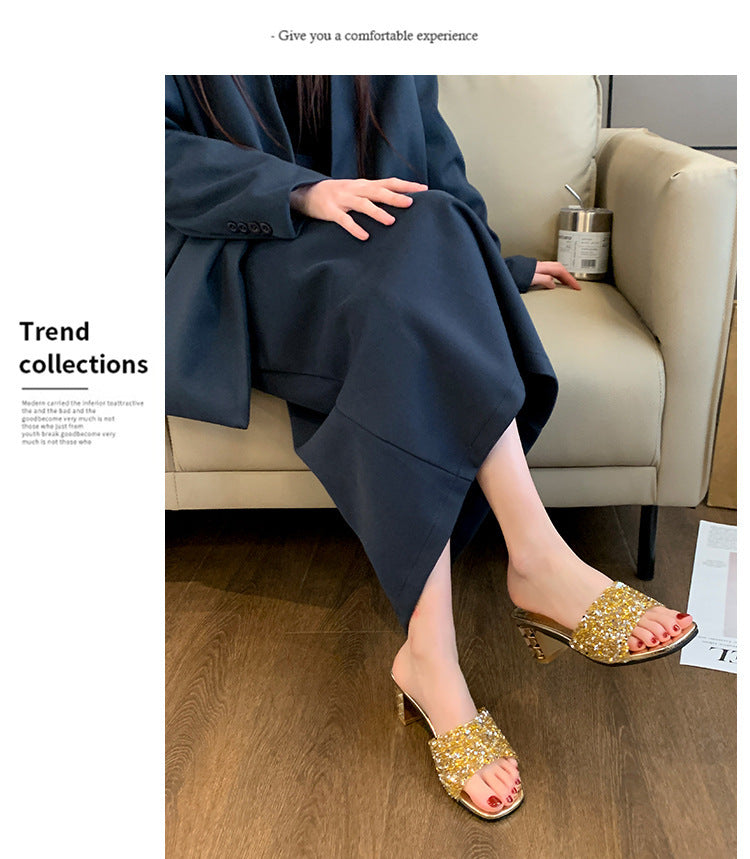 Women'S Chunky Heel Sandals - Slip-On Open-Toe High Heels with Ankle Strap, Golden Glamorous Party Shoes for Formal Events, Weddings, Nightouts - Cushioned Insole & Non-Slip PVC Sole - Available in Wide Widths (Women'S Summer