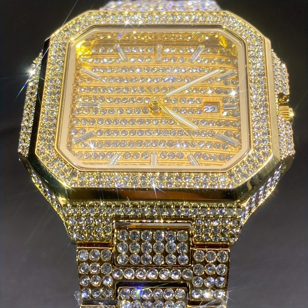 MISSFOX Men'S Luxury Rhinestones-Encrusted Golden-Tone Square Watch with Date Calendar, High Quality IP65, Quartz Movement, Sparkling Bezel & -Accented Dial - Elegant Analog Watch for Casual & Formal Wear, Party Accessory, Ba