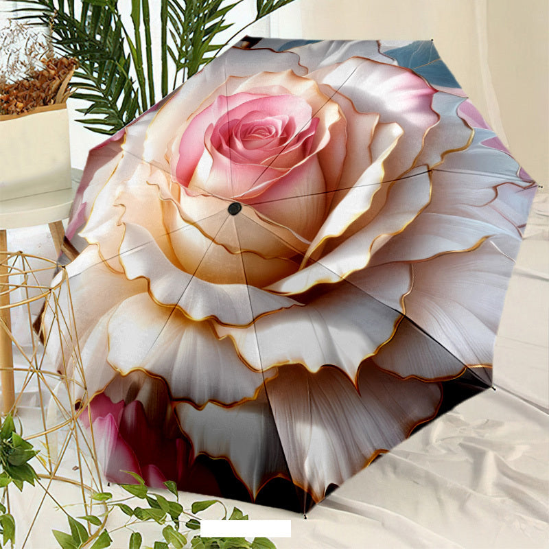 1pc Automatic Open/Close Umbrella with One-Touch Button - 8-Rib Folding Umbrella with Ergonomic Handle & Large Canopy - Pink & Golden Rose Design with Black Button Accent - Compact Travel Umbrella for Women & Men, Automatic O