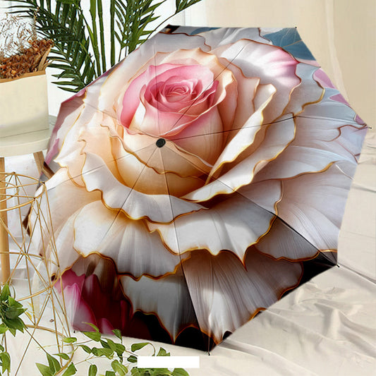 1pc Automatic Open/Close Umbrella with One-Touch Button - 8-Rib Folding Umbrella with Ergonomic Handle & Large Canopy - Pink & Golden Rose Design with Black Button Accent - Compact Travel Umbrella for Women & Men, Automatic O