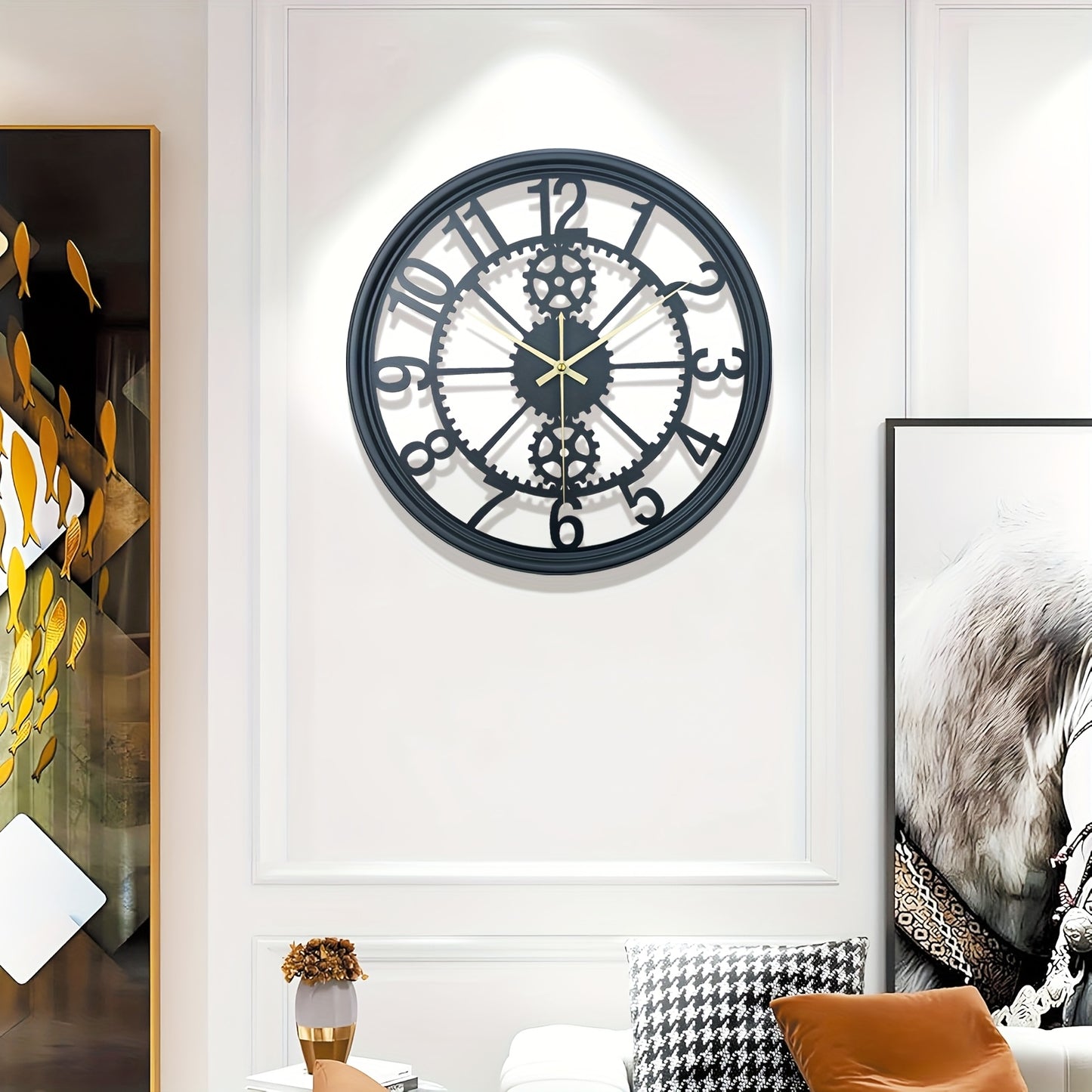 A simple and atmospheric style metal gear wall clock with silent design, suitable for corridors, porches, living rooms, bedrooms, teachers, kitchens, offices, Christmas, Halloween, housewarming, holiday parties, etc