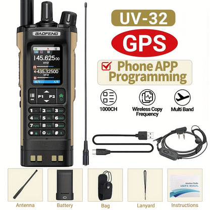 BAOFENG UV-32 10W GPS Ham Radio with APP Programming, NOAA Weather Alert, 2500mAh USB-C Rechargeable Battery, 400-520MHz Long Range Handheld Two-Way Radio for Hunting Fishing Outdoor Adventures, Ergonomic Design, High Quality