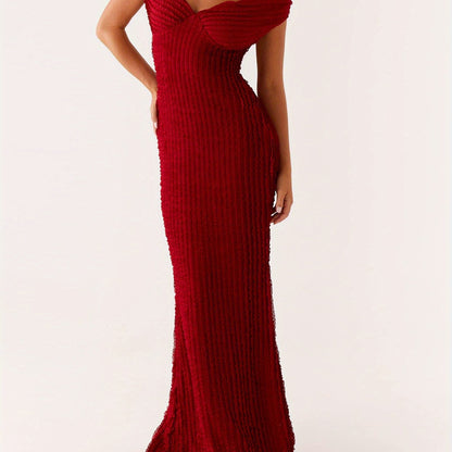 Women's Elegant Off-Shoulder Bodycon Maxi Dress - Formal Party Wedding Gala Evening gown with Tie Back Neckline, Machine Washable Long Dress for Women - Party, Wedding, Formal Events, Dresses for Wedding Guest