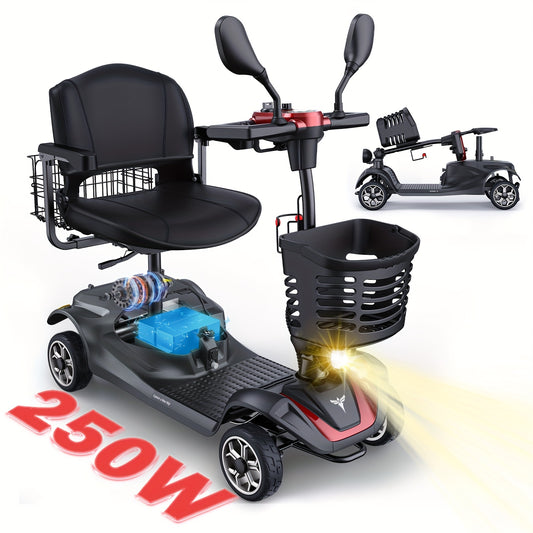 New 4-Wheel Mobility Scooter, 250W Motor, 5.6MPH Speed, 24V 12AH Battery, Solid 8"x3" Tires, Rearview Mirrors, Dual Baskets, Foldable & Adjustable Design, Easy To Control, Ideal For Daily Use And Outdoor Adventures, Red