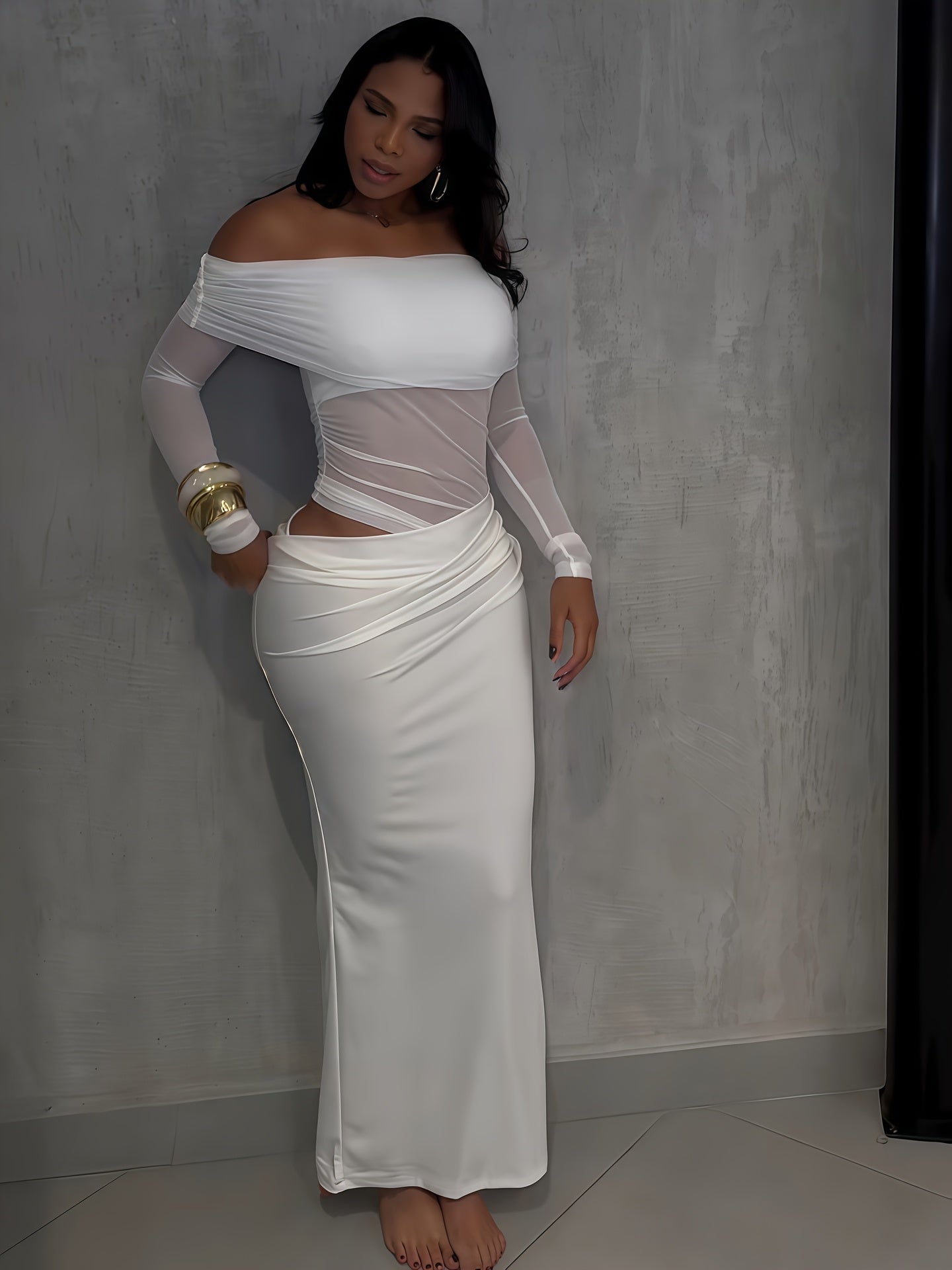 Women'S Elegant White Off-Shoulder - Mesh Long-Sleeve Mermaid/Trumpet Mermaid Maxi Dress - Sexy Sheer Formal Evening Gown with Waist-Cut Silhouette, Solid Color Party Wedding Gala Evening Dress for Women - Structured Fit & Fl