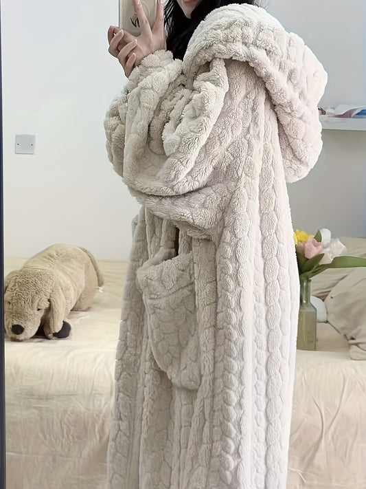 Women's Thickened Winter Pajamas & Sleep Dress - Hooded Button-Front Nightgown with Pockets, Solid Color Jacquard Long Sleeve Nightwear Suitable for Autumn, Winter & Year-Round Use
