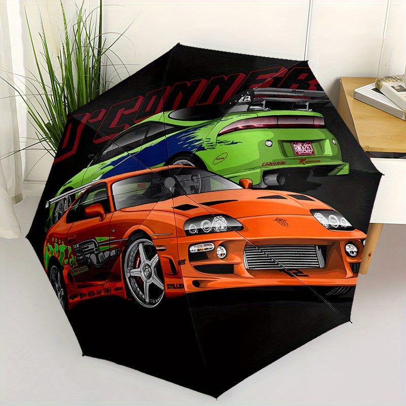 Automatic Folding Umbrella with Racing Car Design - 8-Rib Windproof Portable Travel Umbrella, Durable Plastic & Iron, Black with Colorful Car Graphics, Ideal for Holiday Gifts, Travel Umbrella, Stylish Accessory, Sturdy Const