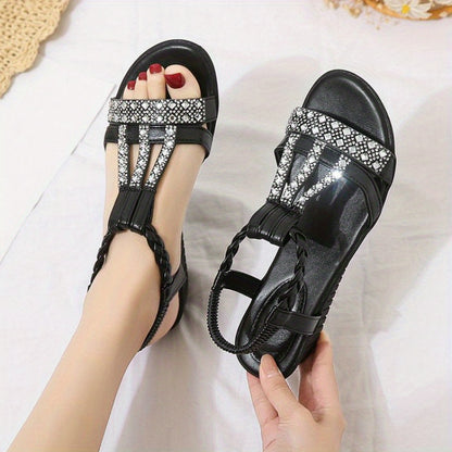Women's Roman Sandals - Slip-On Wedge Heel Shoes with Ankle Strap, Cushioned Insole & Non-Slip Sole - Black Formal/Casual Footwear for Parties, Beach, Everyday - Plus Size Available, Party Wear, Fashionable Design, Comfortabl