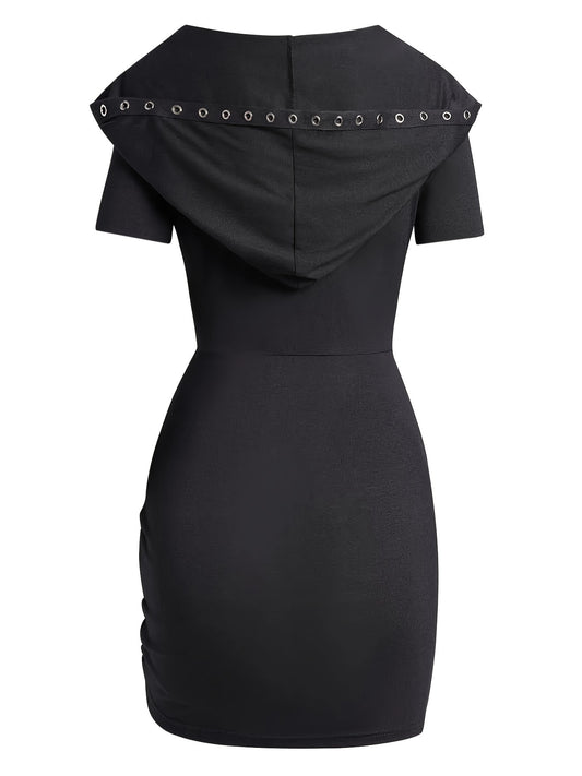 Plus Size, Gothic-style Hooded Sexy Bodycon Dress with Metal Eyelet Lace-up V-neck, Ruffled Hem Drawstring Design, Plus Size Women's Party Wear