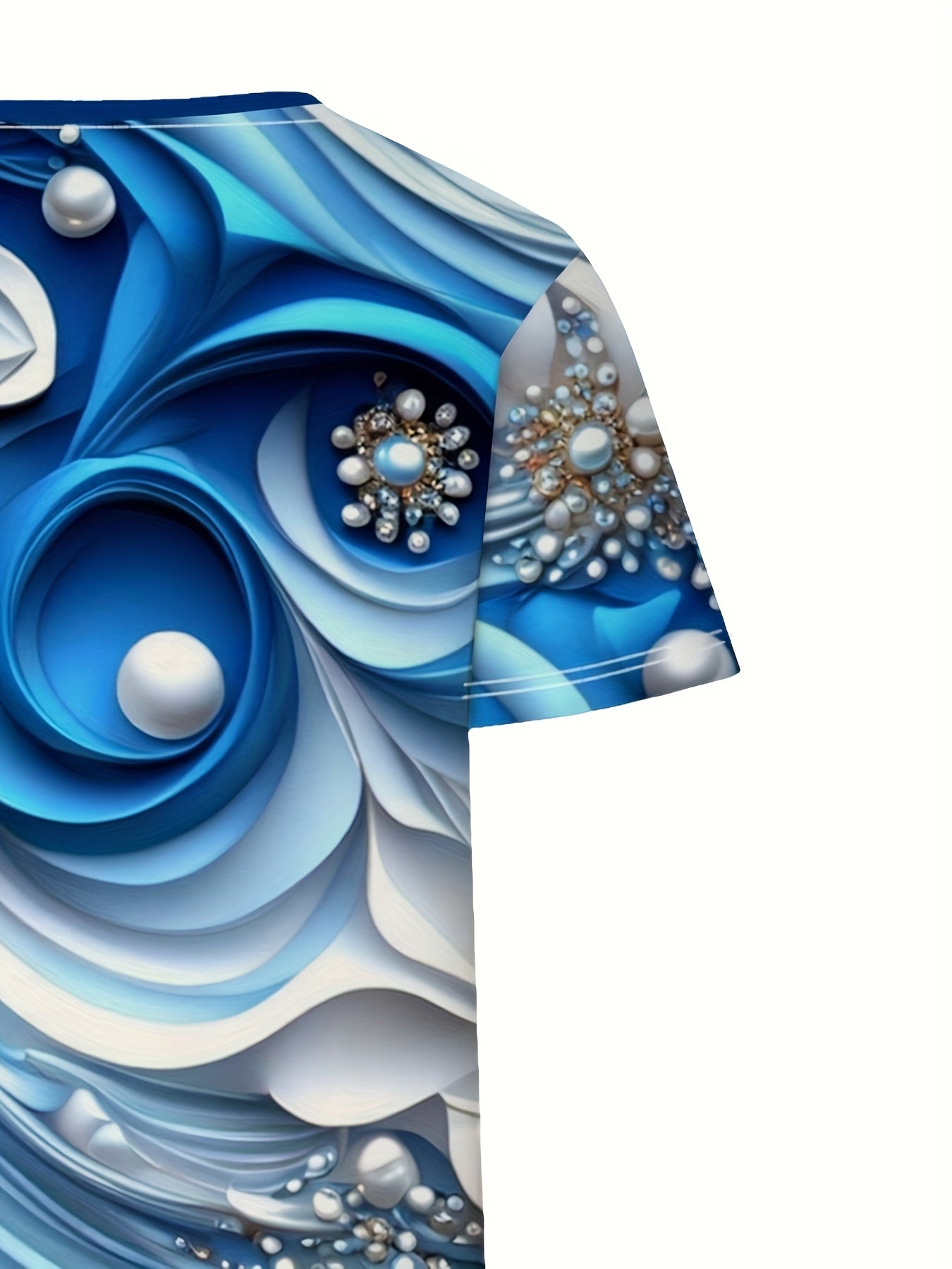 Women'S Plus Size Casual Crew Neck Short Sleeve Floral Top - Blue & White Swirl Print, Lightweight Summer Pullover with Pearl Embellishments, Regular Fit, Summer Top|Floral Print Top| Construction, Ladies T Shirts