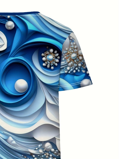 Women'S Plus Size Casual Crew Neck Short Sleeve Floral Top - Blue & White Swirl Print, Lightweight Summer Pullover with Pearl Embellishments, Regular Fit, Summer Top|Floral Print Top| Construction, Ladies T Shirts