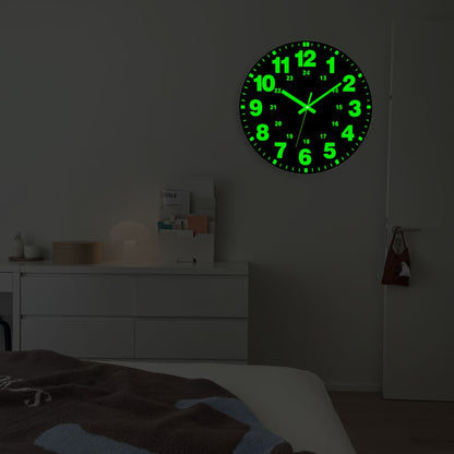1pc Glow-in-the-Dark Wall Clock - 12 Inch Silent Non-Ticking Vinyl Round Clock with Green Numbers & Hands, Flat Crown Design, AA Battery Operated (Not Included) for Bedroom & Living Room Decor, Clock for Living Room, Durable