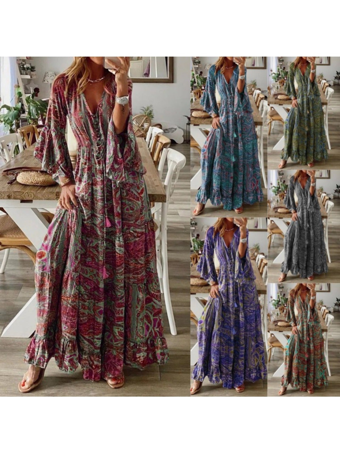 Women'S Autumn Fashion, Chic V-Neck Waist, A-Line Small Floral Design, Sophisticated Feminine Dress, Long Skirt