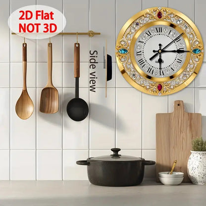 1pc 2D plane wall-mounted clock decoration, 10/12inch Golden multi-jewel crystal decorated wooden wall clock, diamond effect/pattern, no diamonds word wooden circular wall-mounted clock, wooden circular decorative clock with