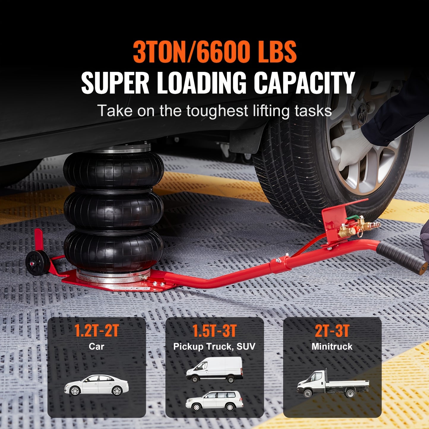 Happybuy Air Jack, 3 Ton/6600 Lbs Capacity, Triple Bag, Includes Six Steel Pipes, Elevates to 17.7 Inch/450mm, Quick 3-5 Second Lift, Pneumatic Jack with Extended Handles for Vehicle, Garage