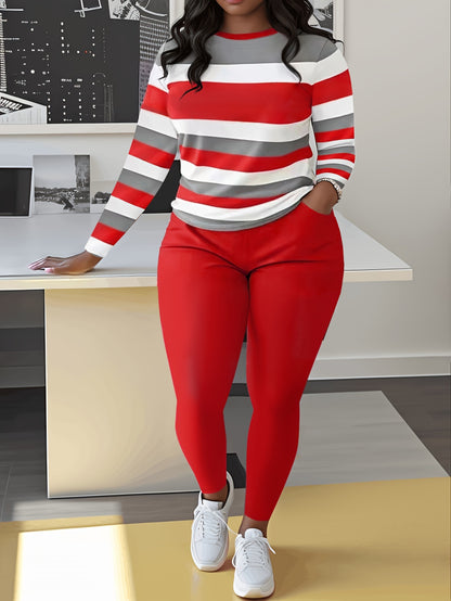Unique Women's Striped Casual Set- Green And White, Long Sleeve Round Neck Top And Pants with Pockets, Weight Polyester Blend, Machine Washable, Comfortable Clothing| Pants| Polyester Blend