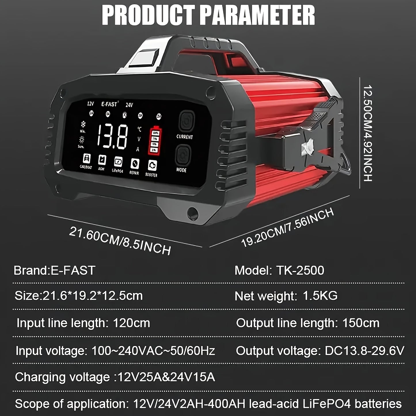 TK-2500 Heavy-Duty 12V/24V 25A/15A Automatic Battery Charger with 200-Second Jump Start, & Power Adapter (110-240V) for Cars, Trucks, Motorcycles, RV, Boat - Smart System (Battery Not Included)