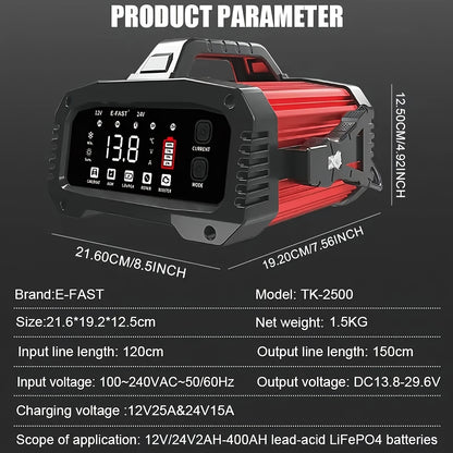 TK-2500 Heavy-Duty 12V/24V 25A/15A Automatic Battery Charger with 200-Second Jump Start, & Power Adapter (110-240V) for Cars, Trucks, Motorcycles, RV, Boat - Smart System (Battery Not Included)