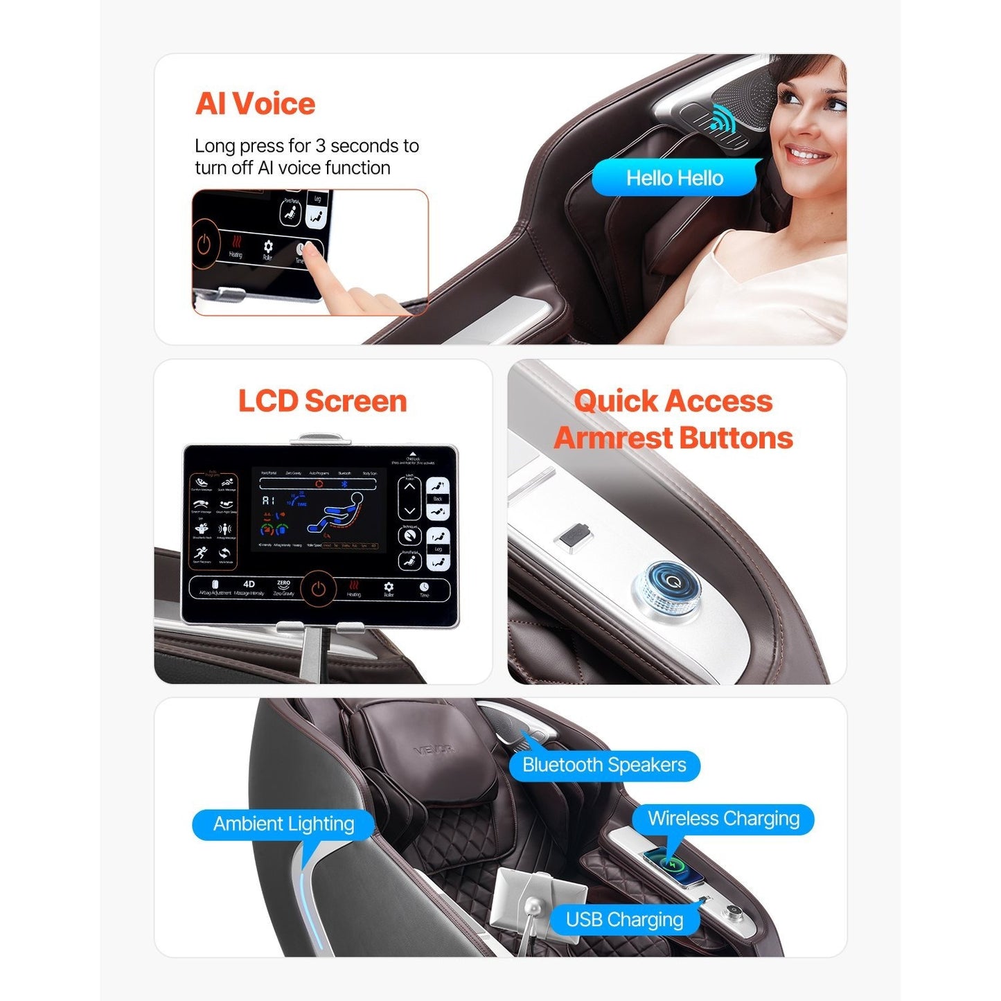 VEVOR Massage Chair, 4D Full Body Zero Gravity Recliner with SL Track, Yoga Stretch, AI Voice Control, Heat, Foot Roller, Retractable Pedal, 36 Airbags, LCD, Armrest Controls, Rolling Base