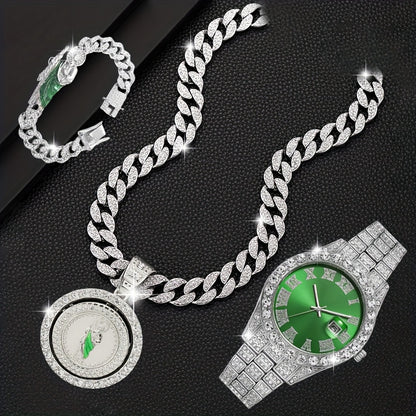Fashion Watch Set St. Jude Rotating Coin Pendant & Bracelet&Watch Set - 3pcs Iced-Out Rhinestone Fashion Jewelry for Men and Women